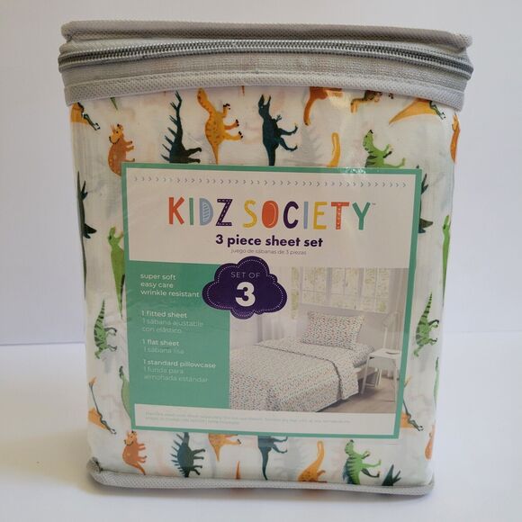 Green Yellow Dinosaurs Triceratops Pterodactyl 3 pc Twin Sheet Set Kids Jurassic - Picture 2 of 10